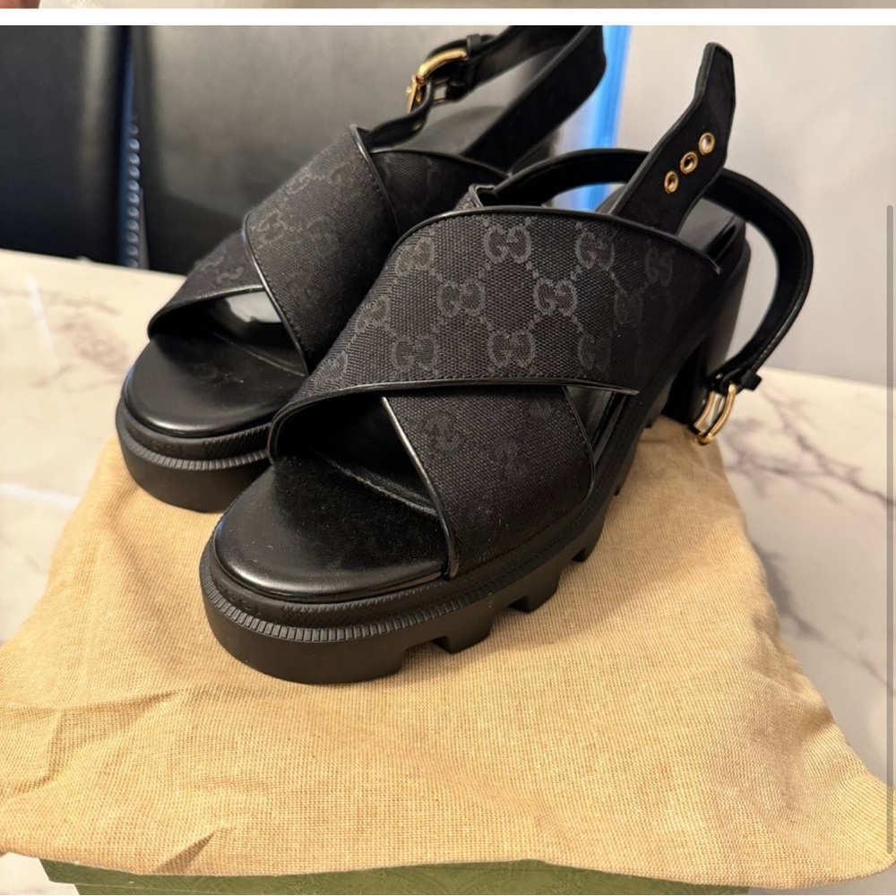 Gucci Black Platform Sandals with Crossover Design
 Authentic